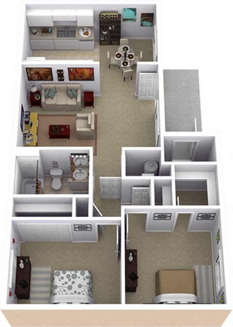 Floor plan for 2 beds, 1 bath, 865 sqft
